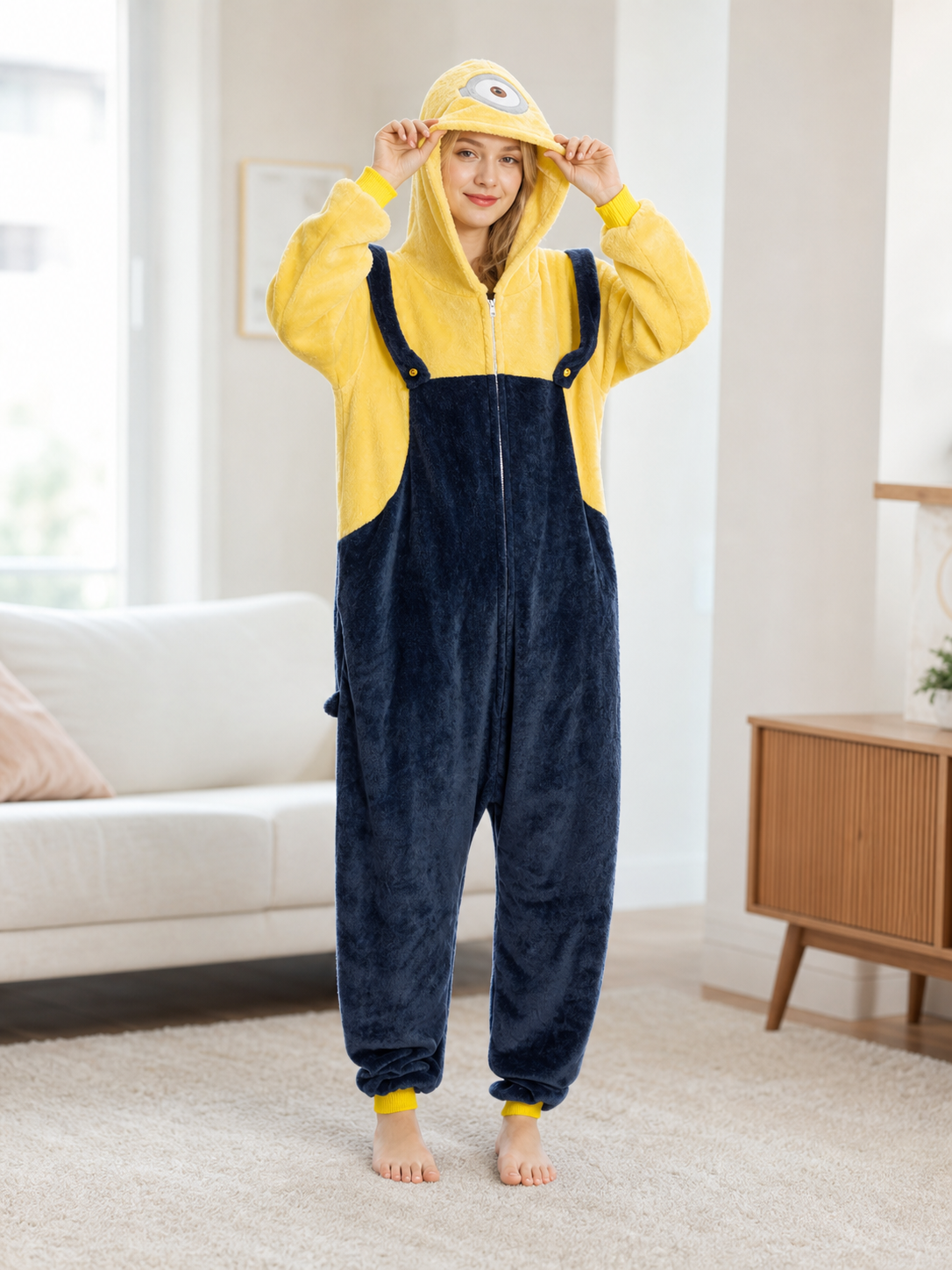 Plush hooded kigurumi jumpsuit with zipper