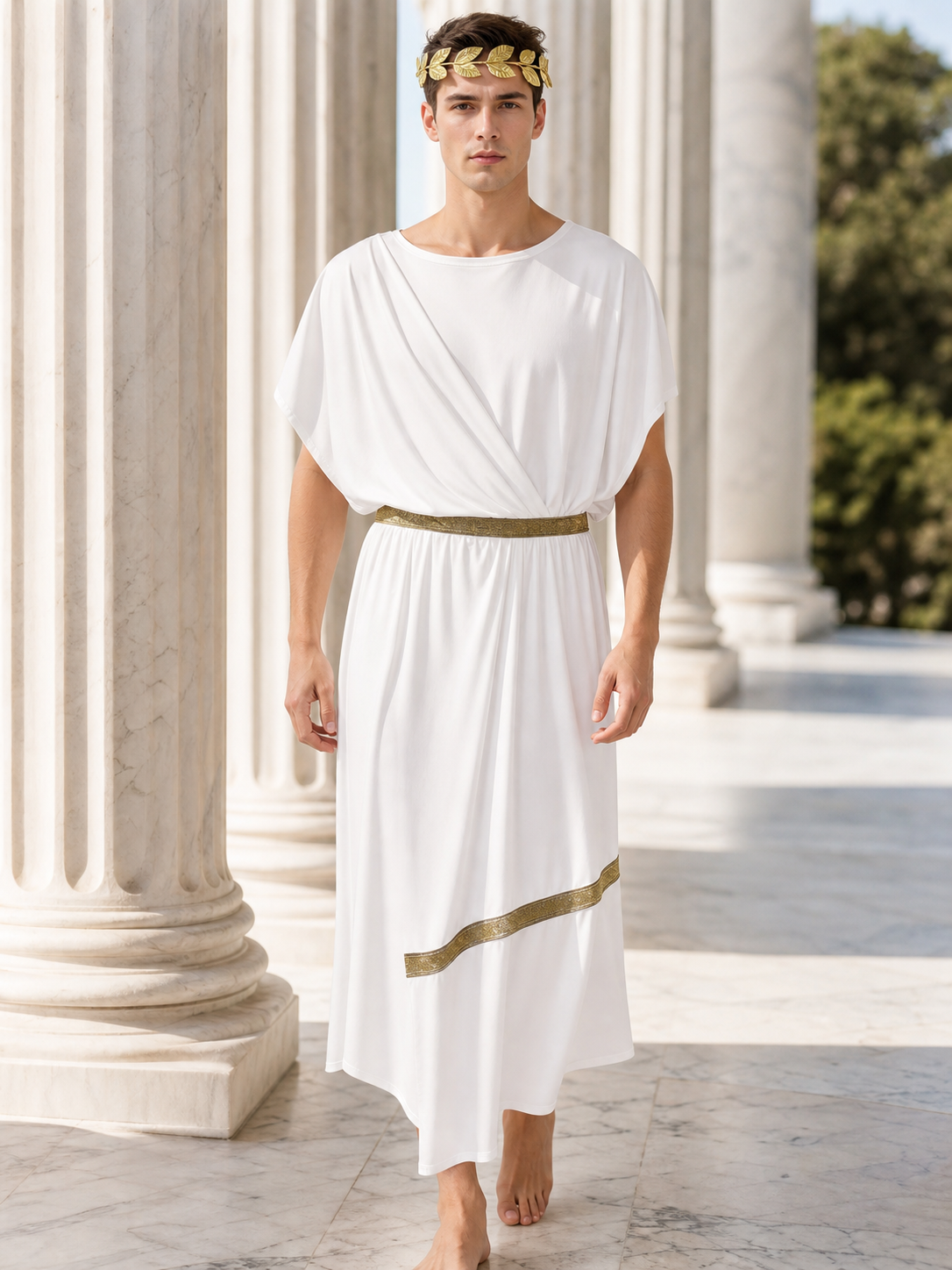 Adult Men's Ancient Greek Costume Set, 3pcs Draped Robe With Gold Trim, Waist Belt And Laurel Wreath For Cosplay Theme Parties