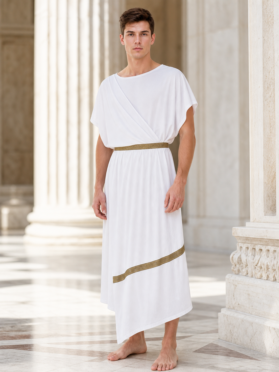 Adult Men's Ancient Greek Costume Set, 3pcs Draped Robe With Gold Trim, Waist Belt And Laurel Wreath For Cosplay Theme Parties