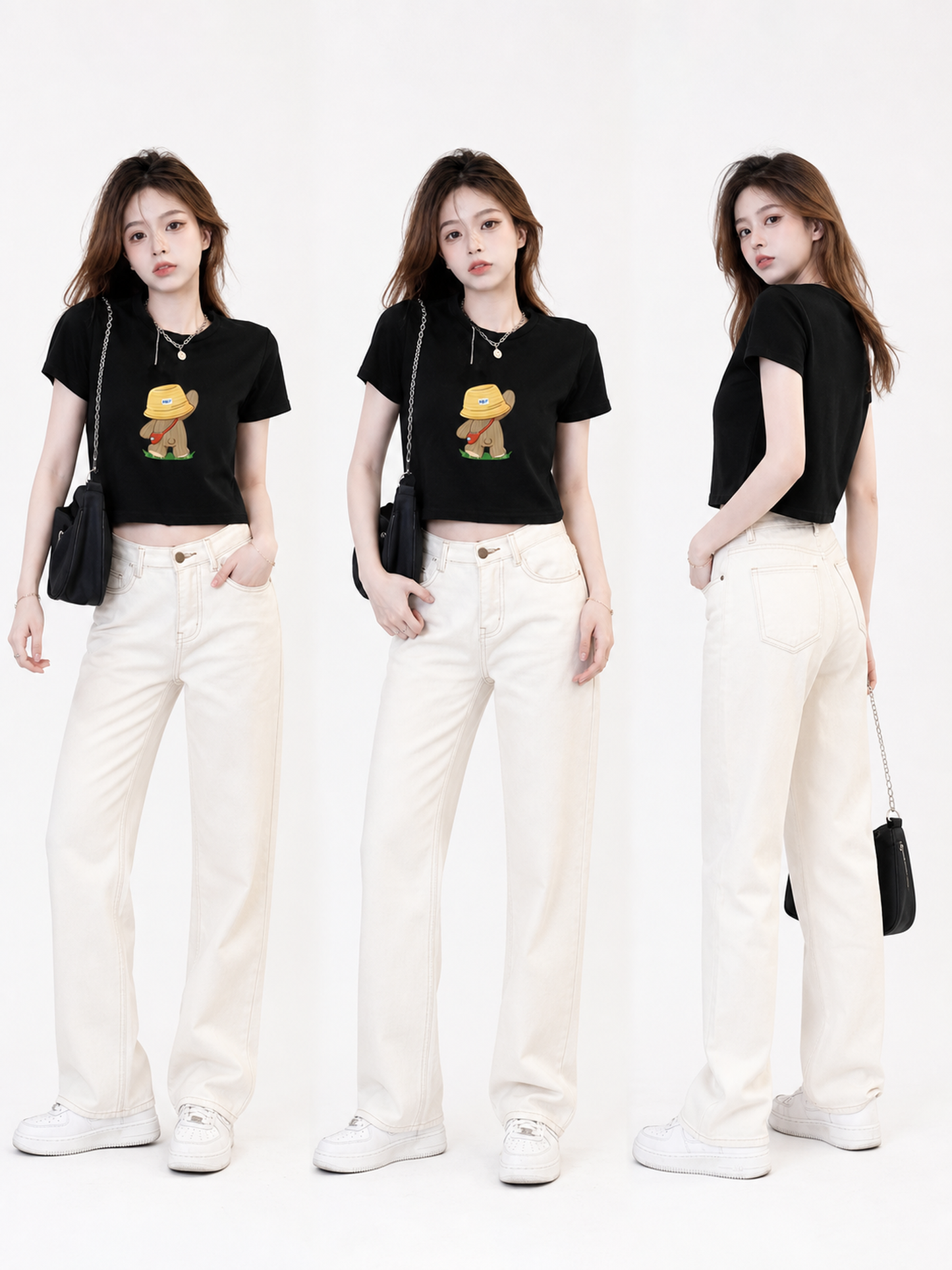 Women's black cropped T-shirt with print