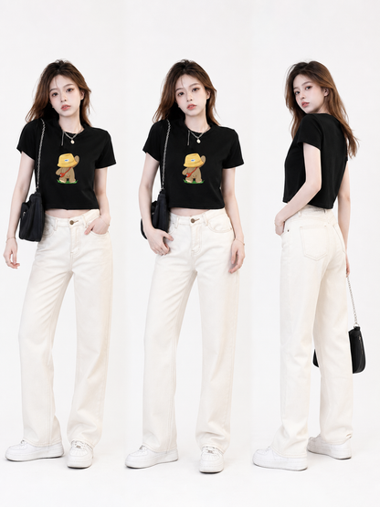 Women's black cropped T-shirt with print