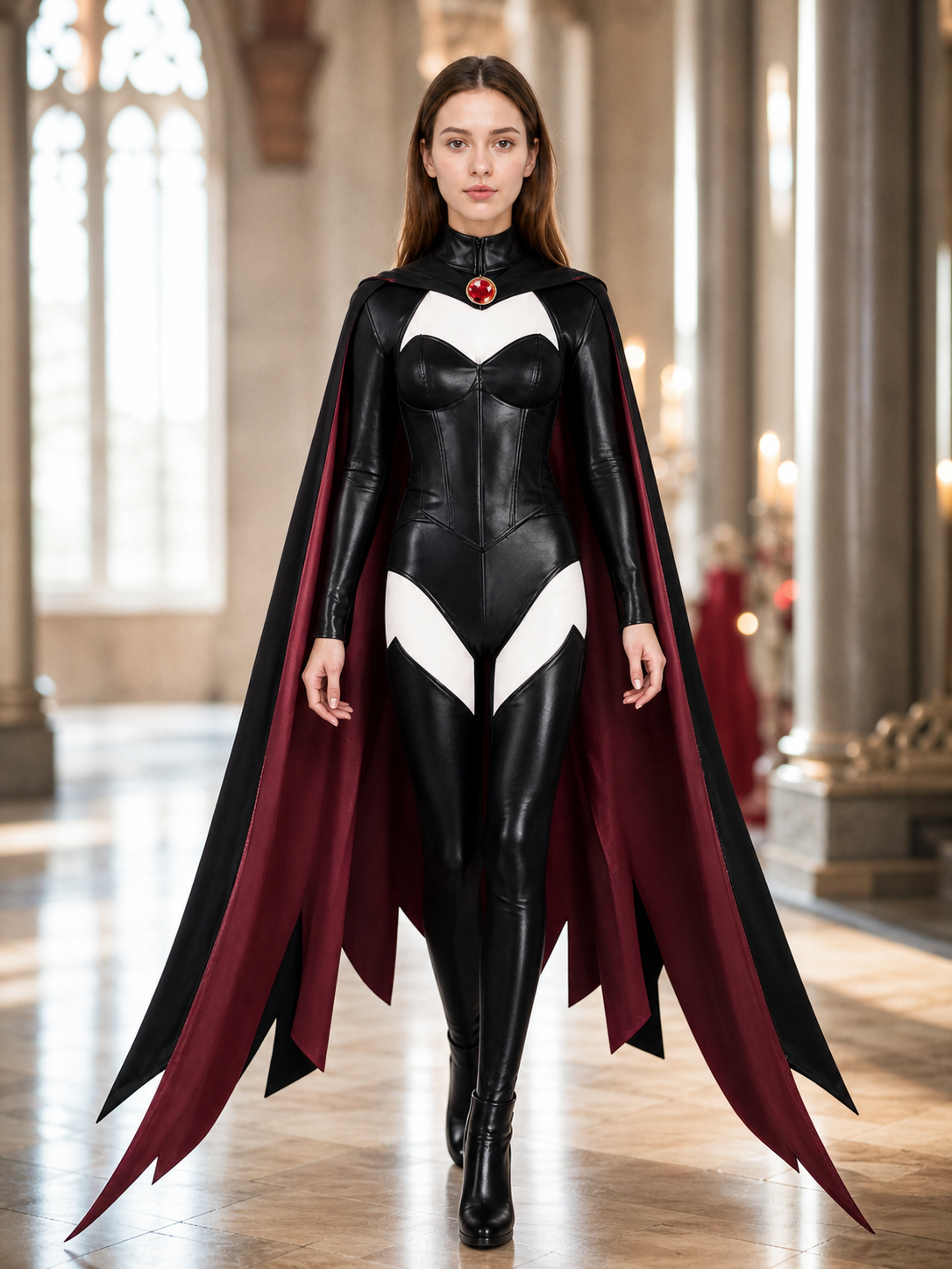 X-Men cosplay costume with cape in a black and burgundy color scheme. The set includes a one-piece costume and a cape, combined into a striking look for role-play transformations and themed events, including Halloween. The design features a