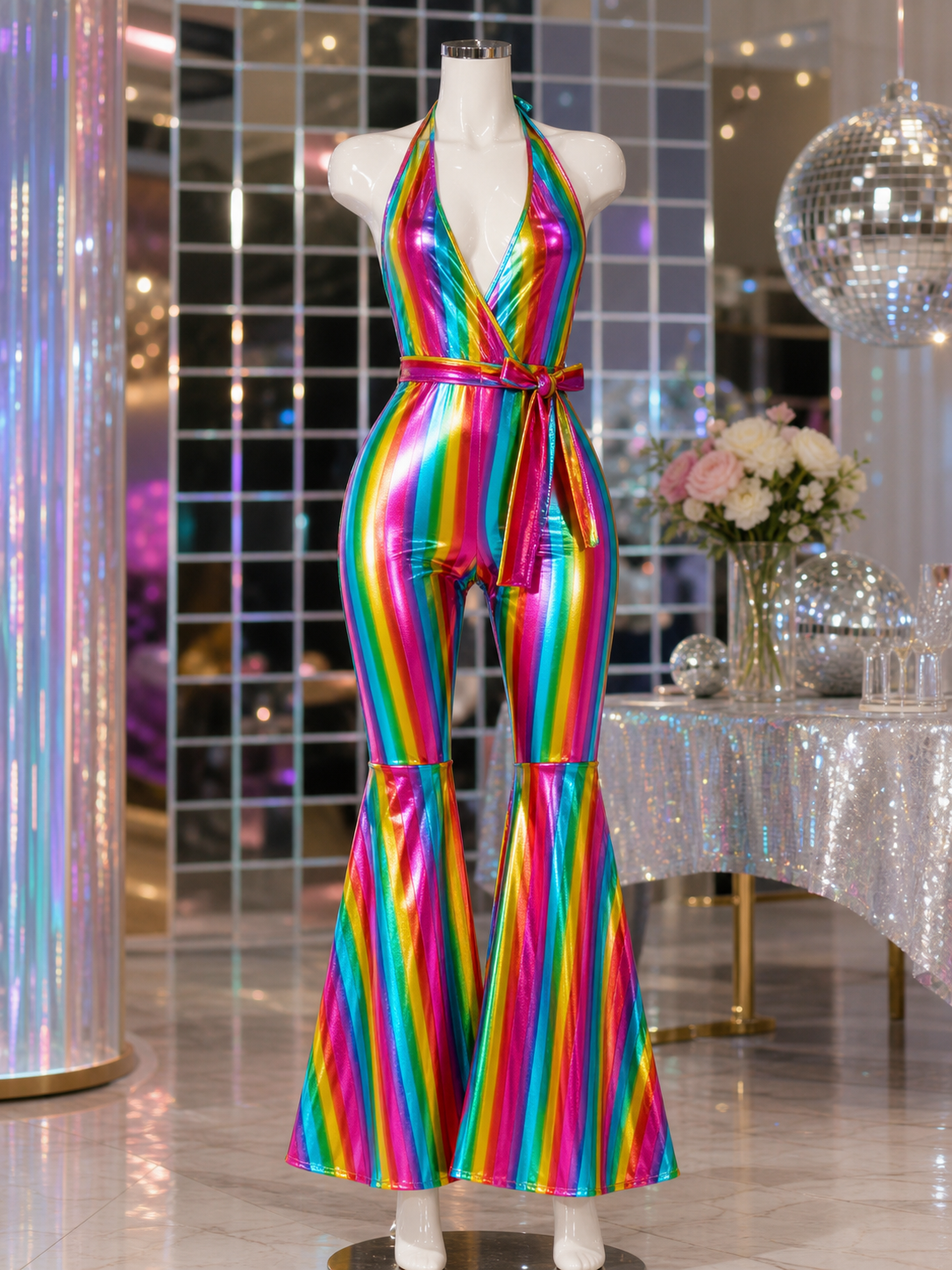 Retro Disco Jumpsuit with Rainbow Stripes