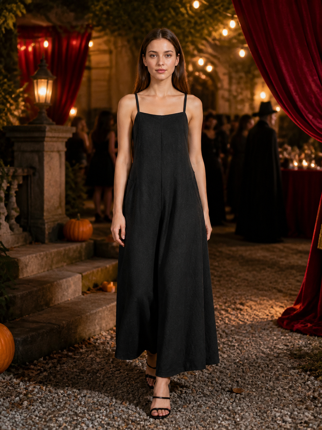Black wide-leg jumpsuit with thin straps, modeled outdoors at night among stone steps, lanterns, red curtains and pumpkins