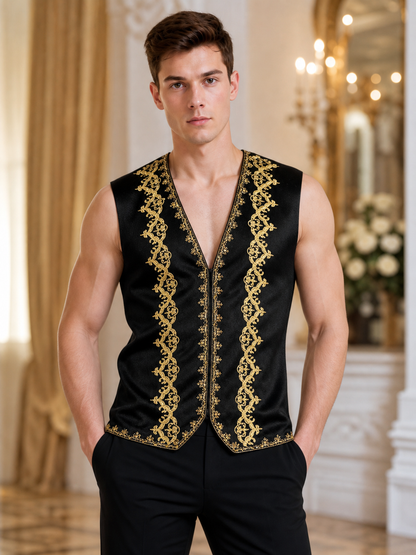 Black sleeveless vest with gold trim