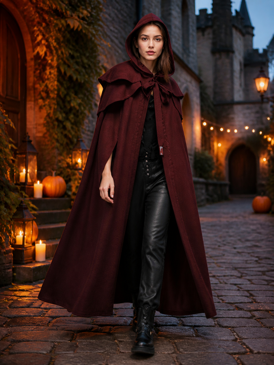 Medieval Gothic Hooded Cloak, Burgundy