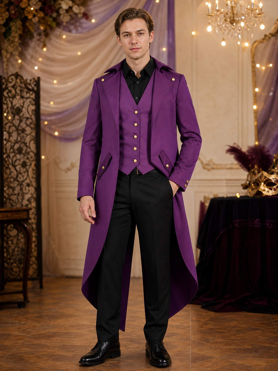 Purple carnival tailcoat with gold buttons