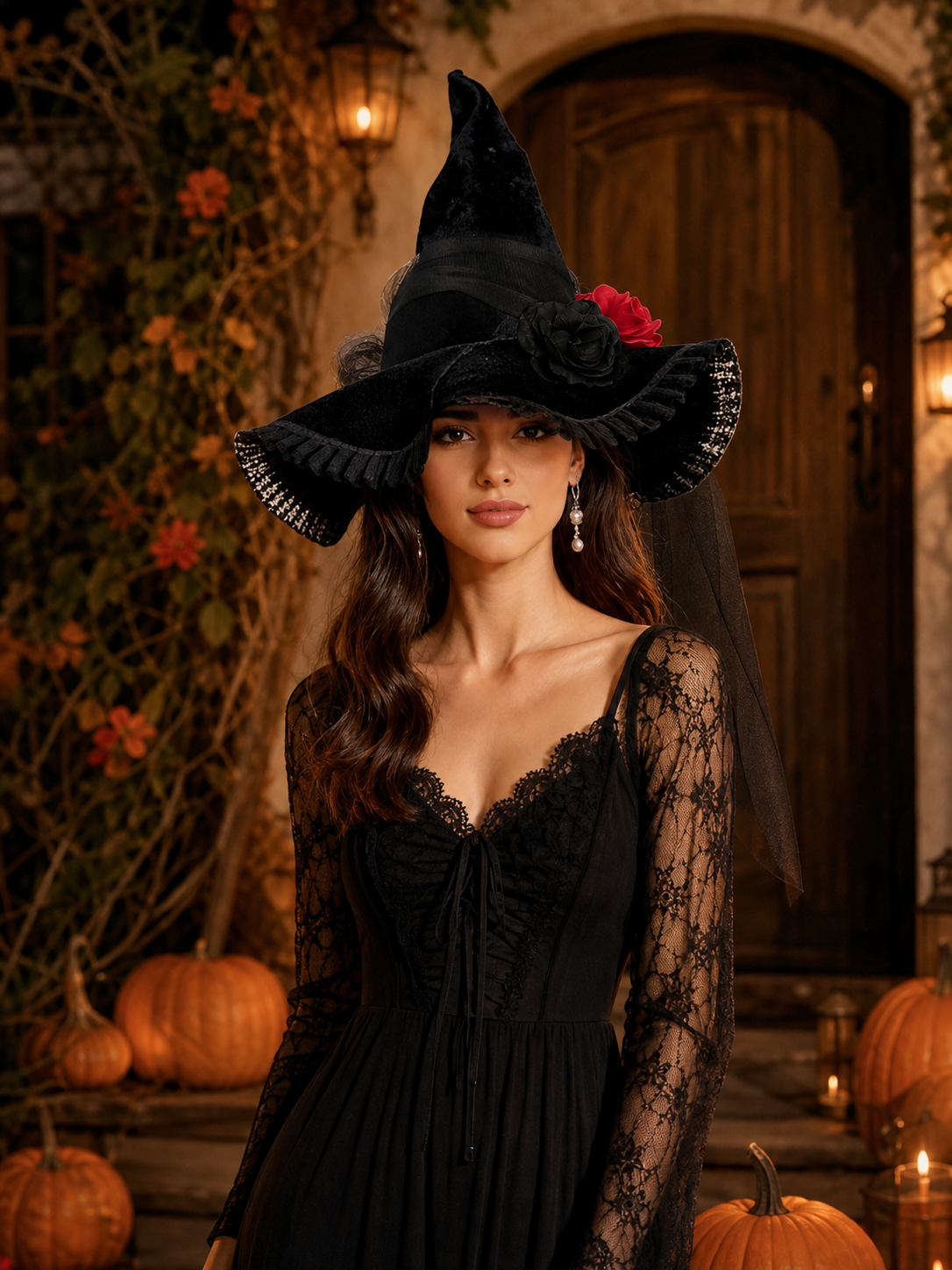 Black Halloween Witch Hat with Red Rose, Wide Brim, Tall Pointed Crown and Sheer Veil for Costume Parties and Photo Shoots
