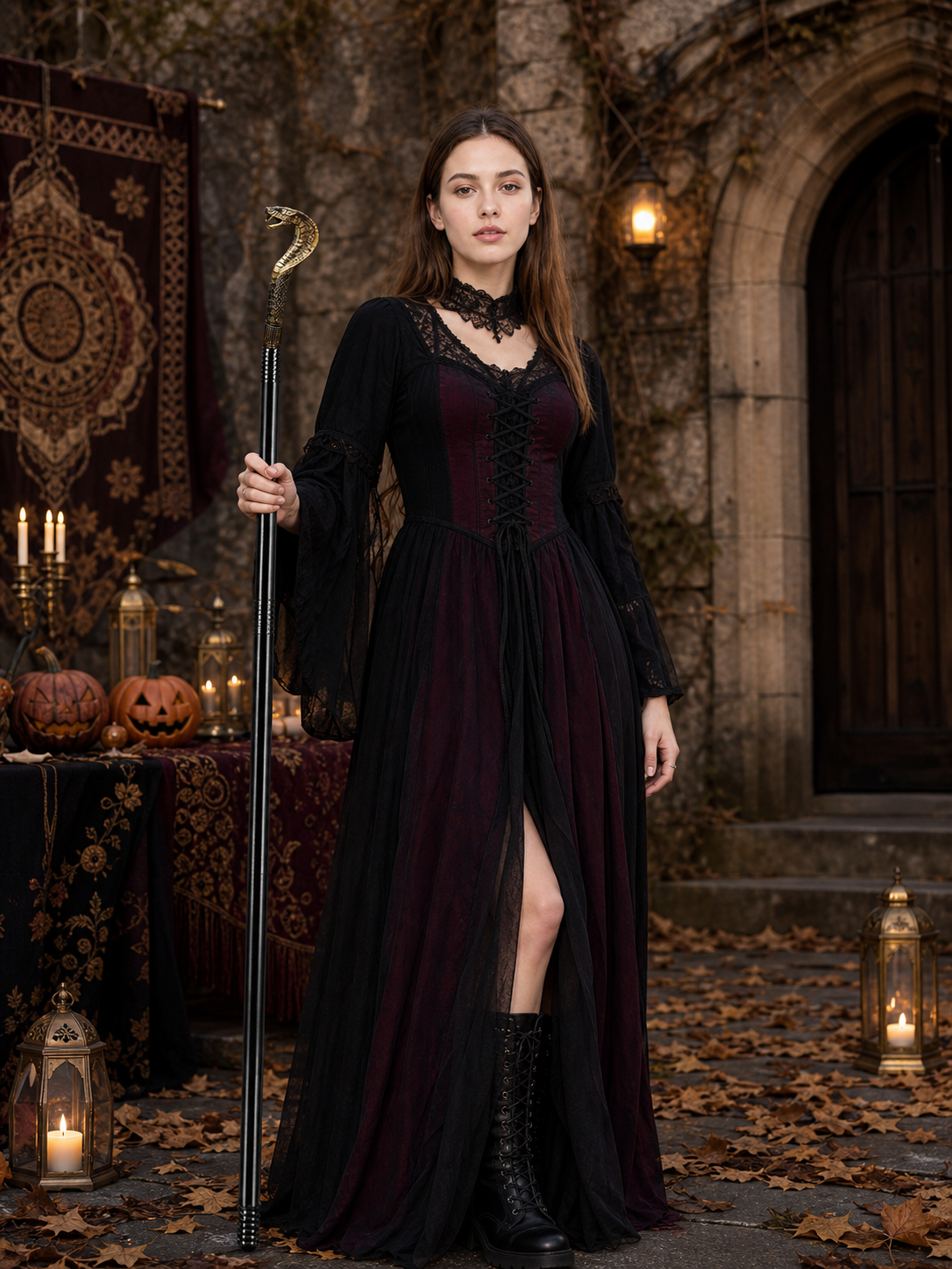 Full-body woman in a black and burgundy costume holding the black cane with its gold-toned snake handle