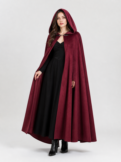 Long burgundy carnival cloak with hood