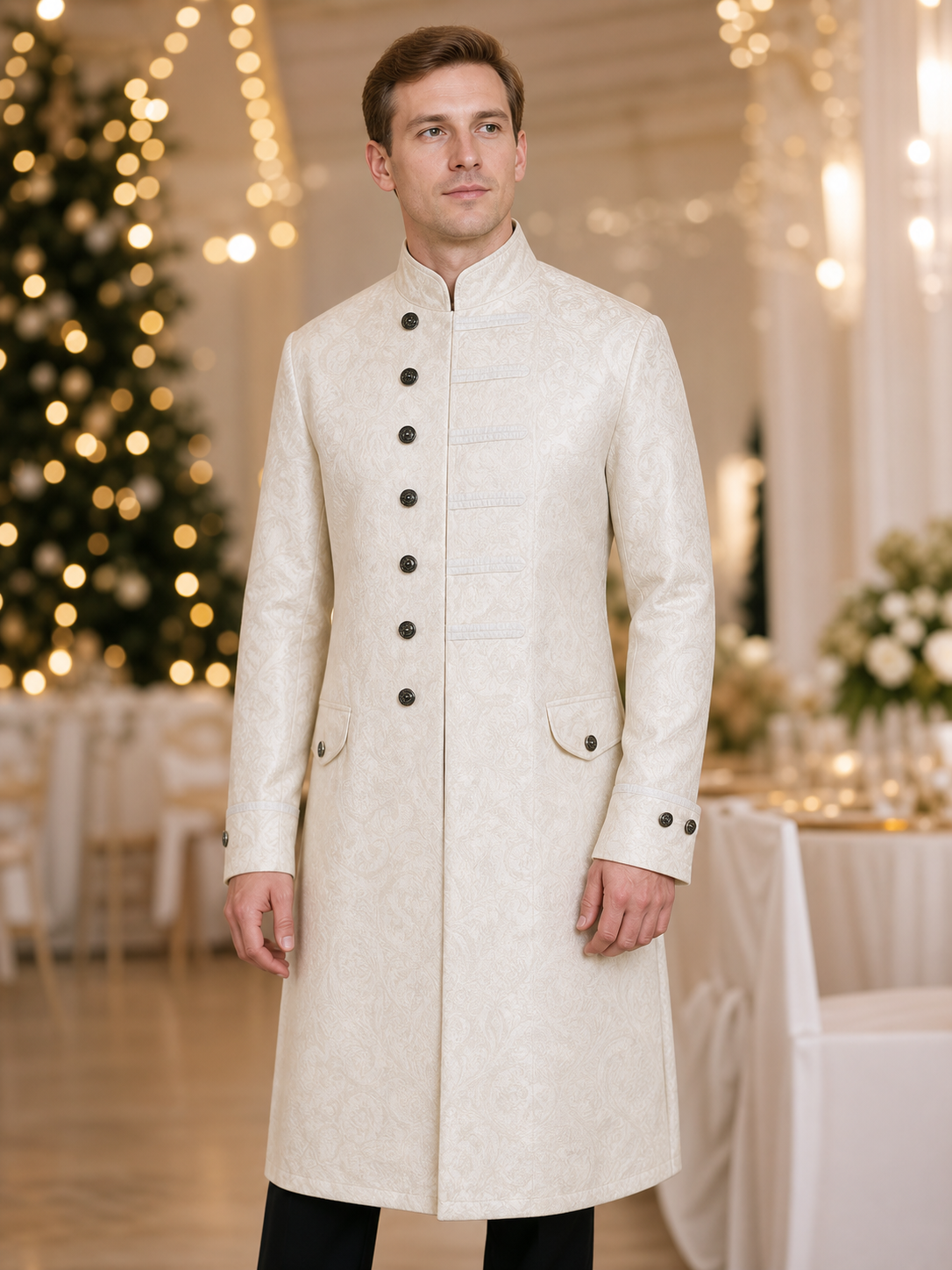 Vintage Jacquard Coat with Stand Collar