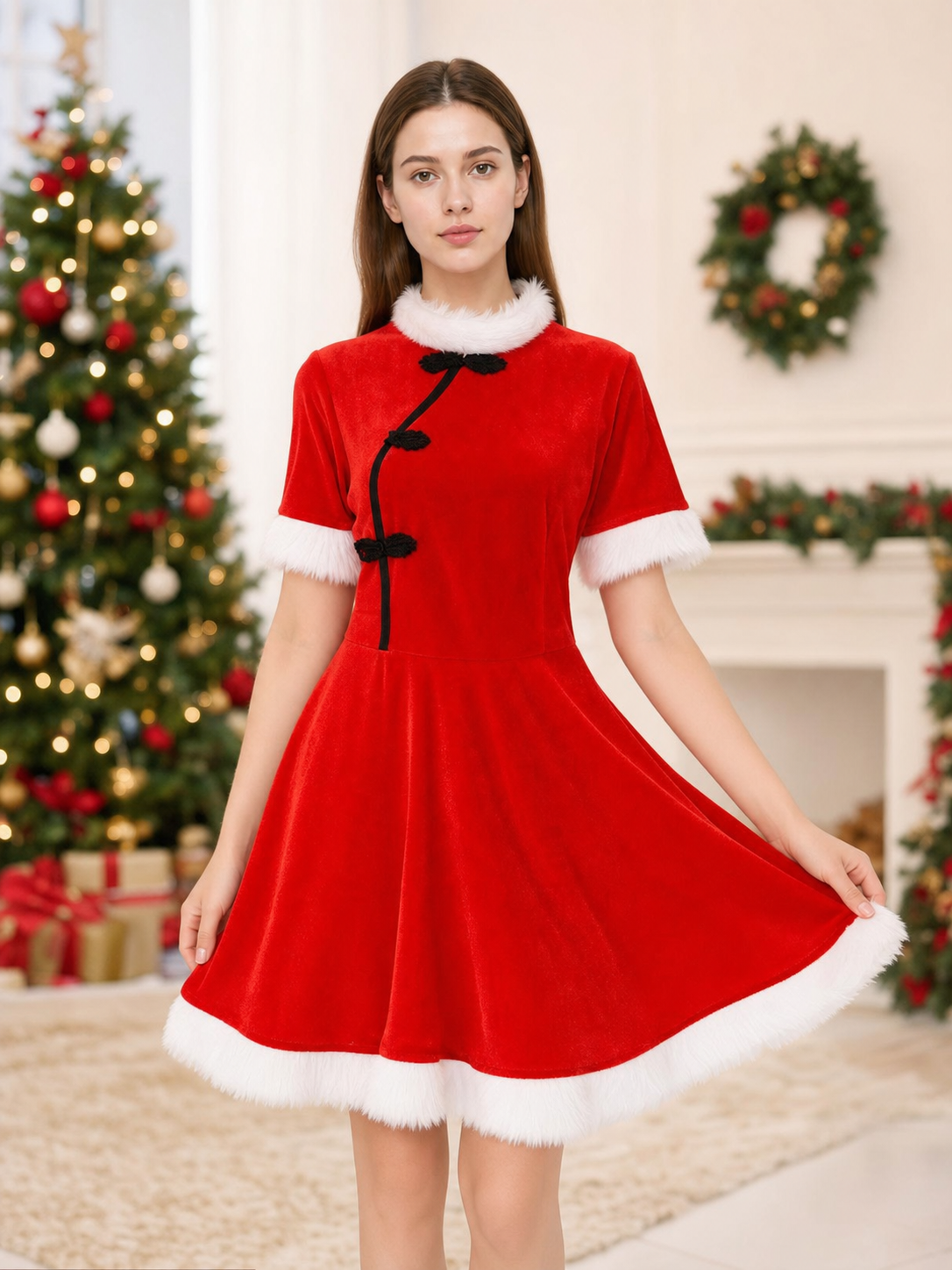 Festive Christmas Dress in Red with Trim