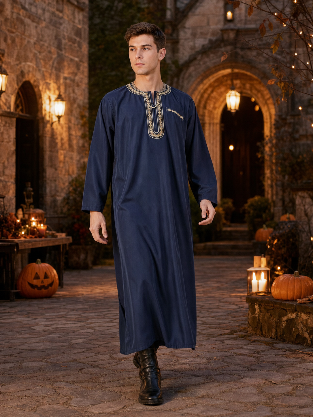 Men's Traditional Islamic-Inspired Long Robe, Deep Navy Blue Full-Length Tunic With Embroidered Trim For Modest Wear