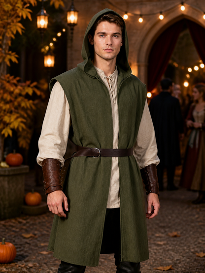 Medieval Fantasy Role Play Costume Set, 2-Piece Olive Green Hooded Sleeveless lifestyle view