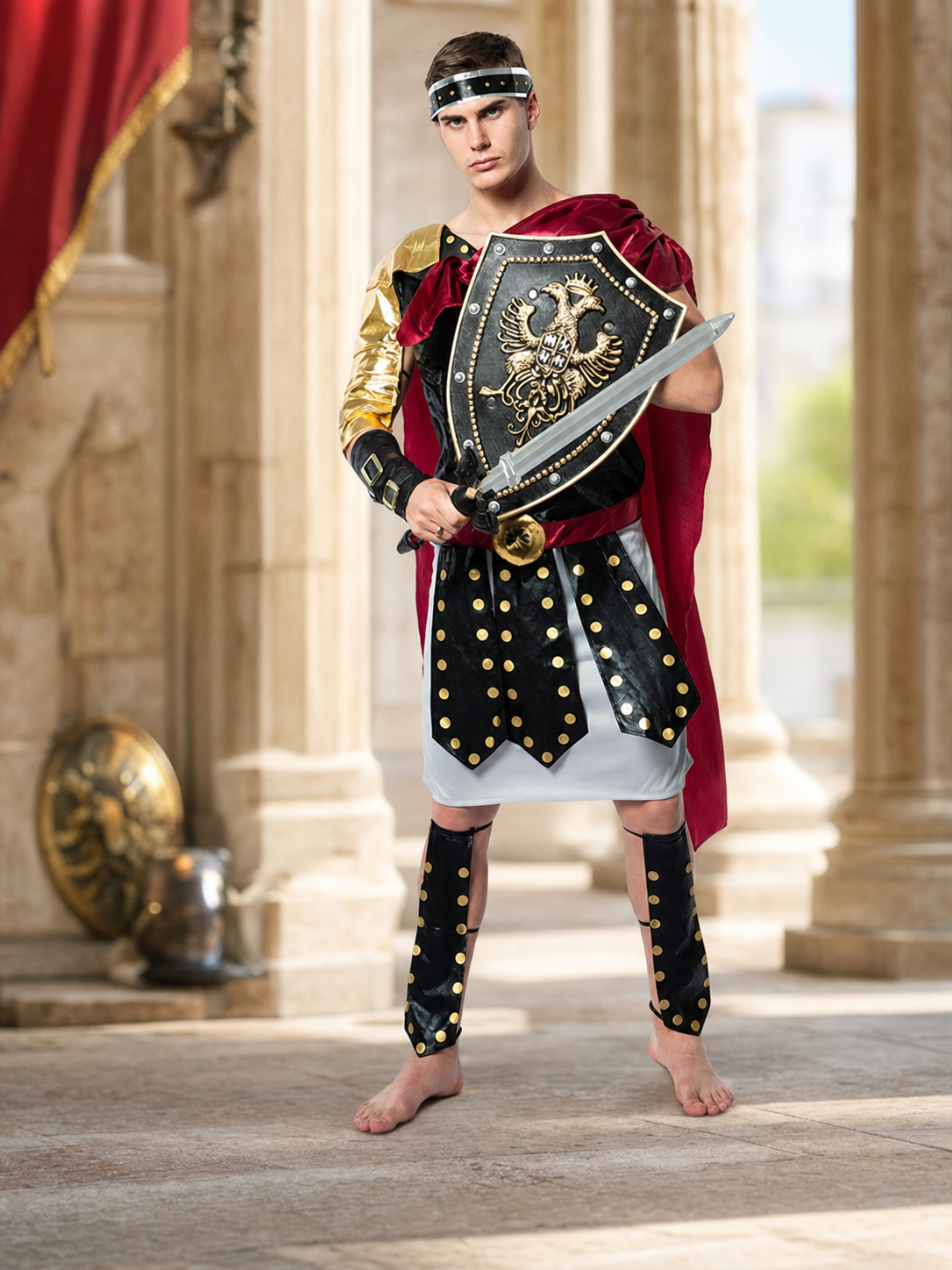 Roman Warrior Costume with Shield and Sword for Cosplay lifestyle view 2