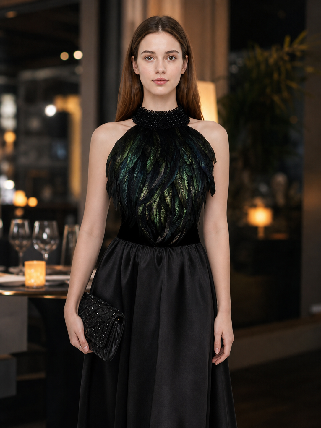 Feathered Halter Top with Beaded Collar
