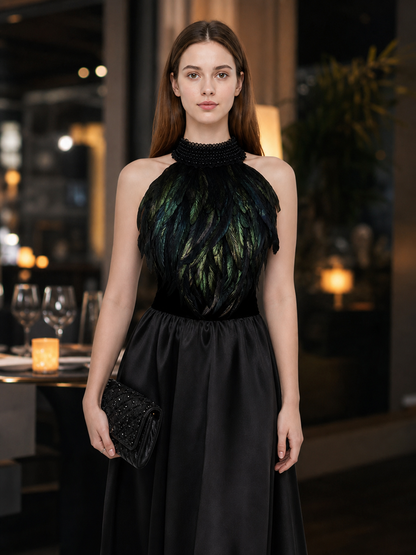 Feathered Halter Top with Beaded Collar
