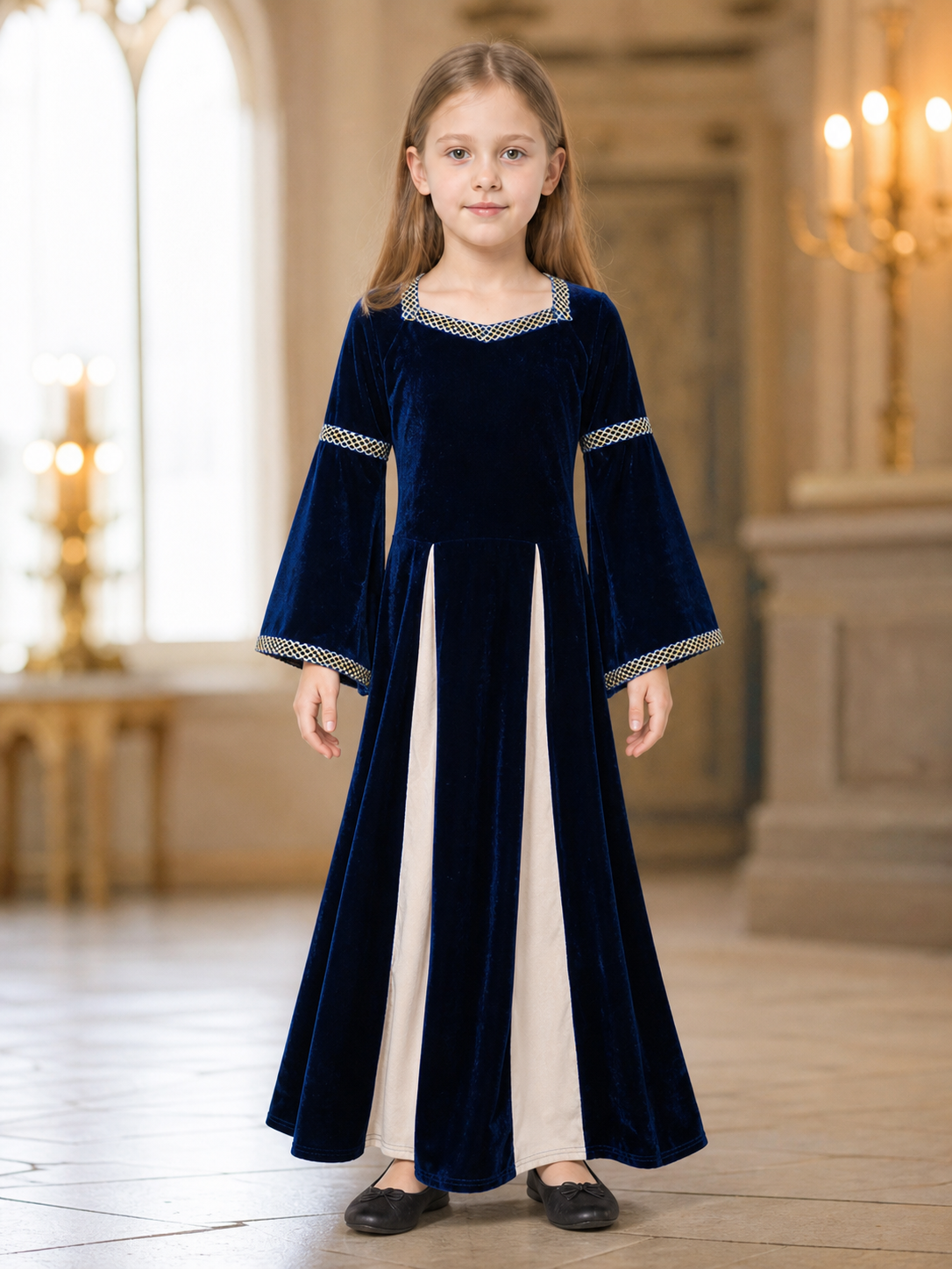 Medieval-Style Maxi Dress with Flared Sleeves