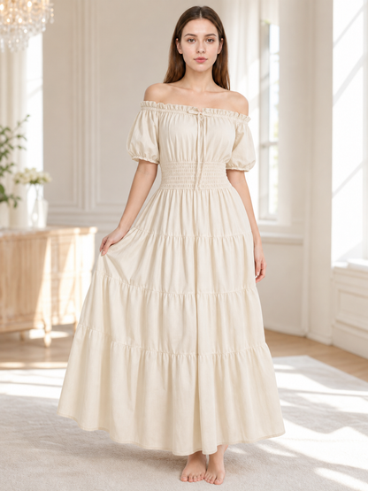 Long Medieval Tiered Off-the-Shoulder Dress
