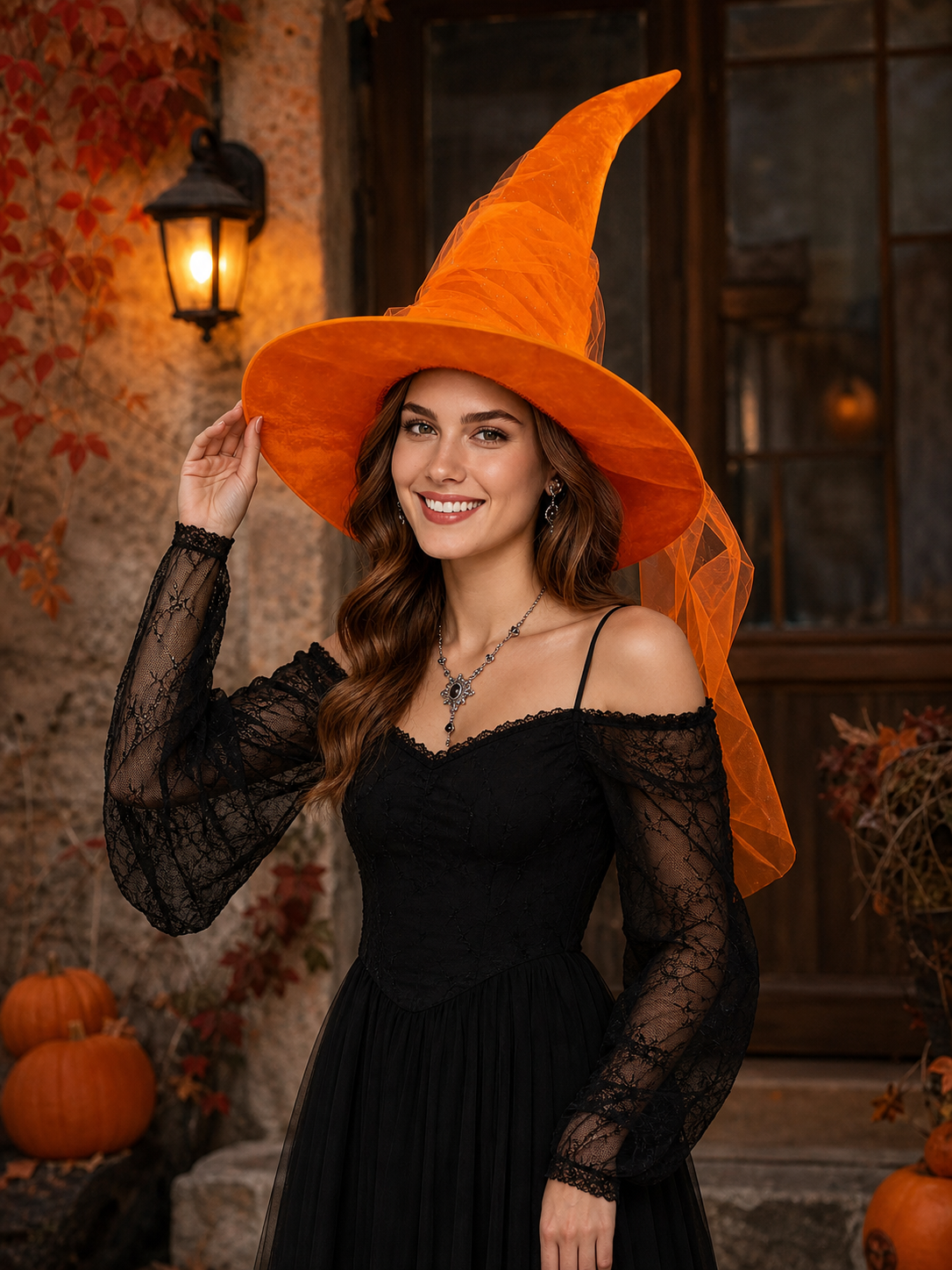Orange Halloween Witch Hat with Very Tall Curved Pointed Crown, Wide Wavy Brim and Attached Sheer Veil for Costume Parties