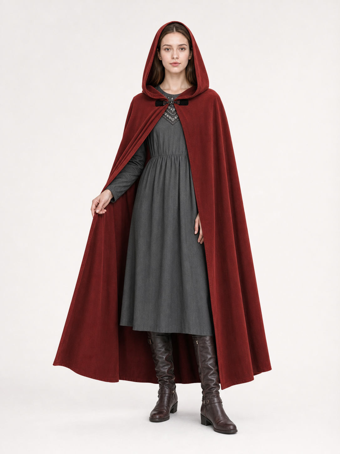 Medieval Hooded Cape with Oversized Hood, Burgundy Velvet-Like Flowing Cloak for Cosplay, Halloween, Themed Parties and Stage Performances