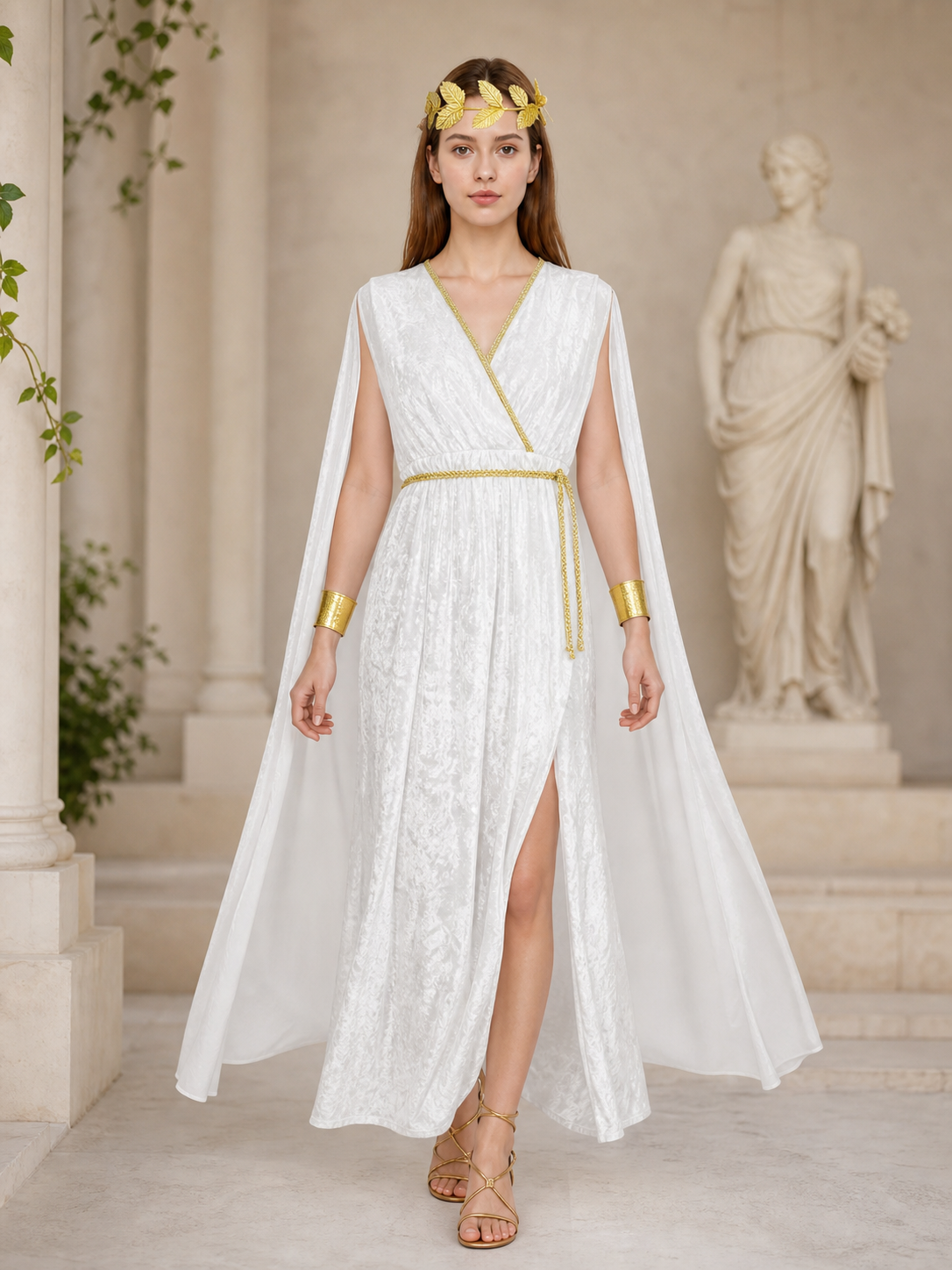 Women’s Greek Goddess Costume Dress, 4-Piece White Draped Outfit with Cape Panels, Leaf Crown Headband and Gold Wrist Cuffs for Cosplay Parties