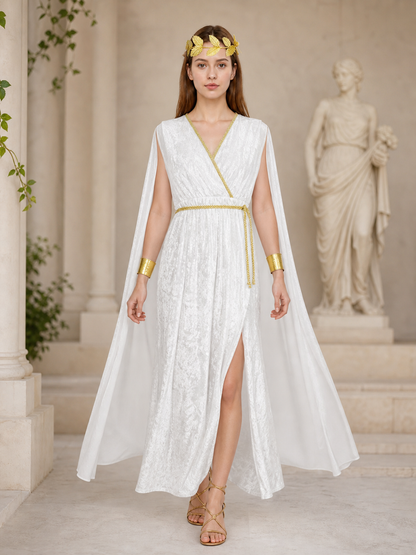 Women’s Greek Goddess Costume Dress, 4-Piece White Draped Outfit with Cape Panels, Leaf Crown Headband and Gold Wrist Cuffs for Cosplay Parties