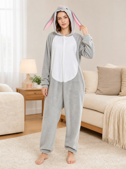 Gray bunny kigurumi with hood for sleep and costume use