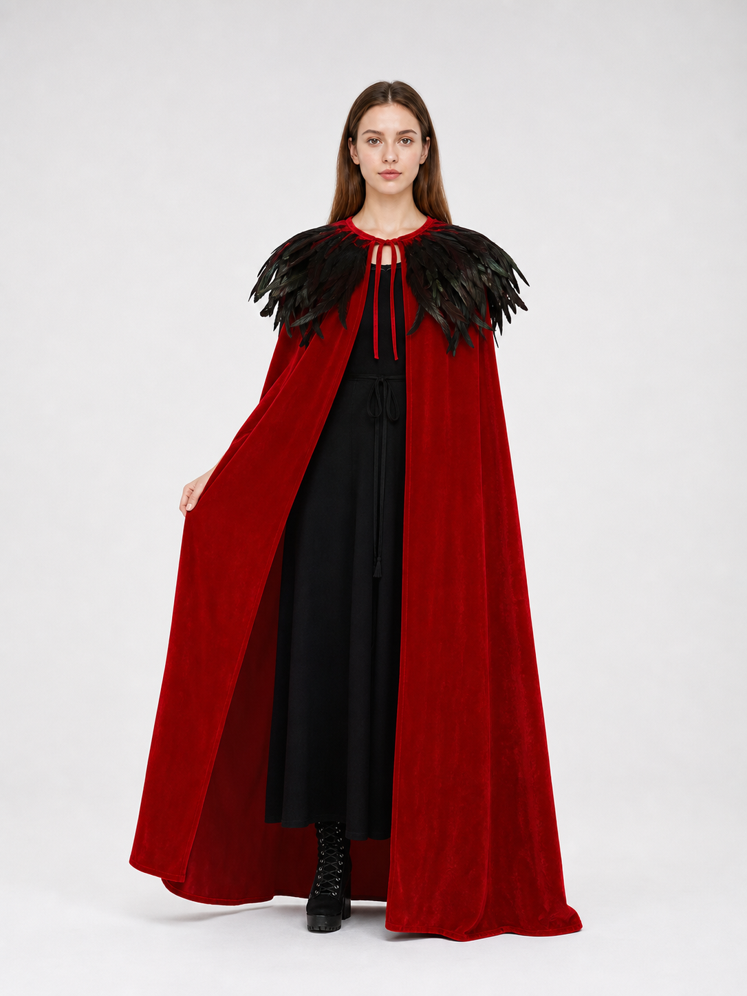Red Velvet Cape with Feather Trim