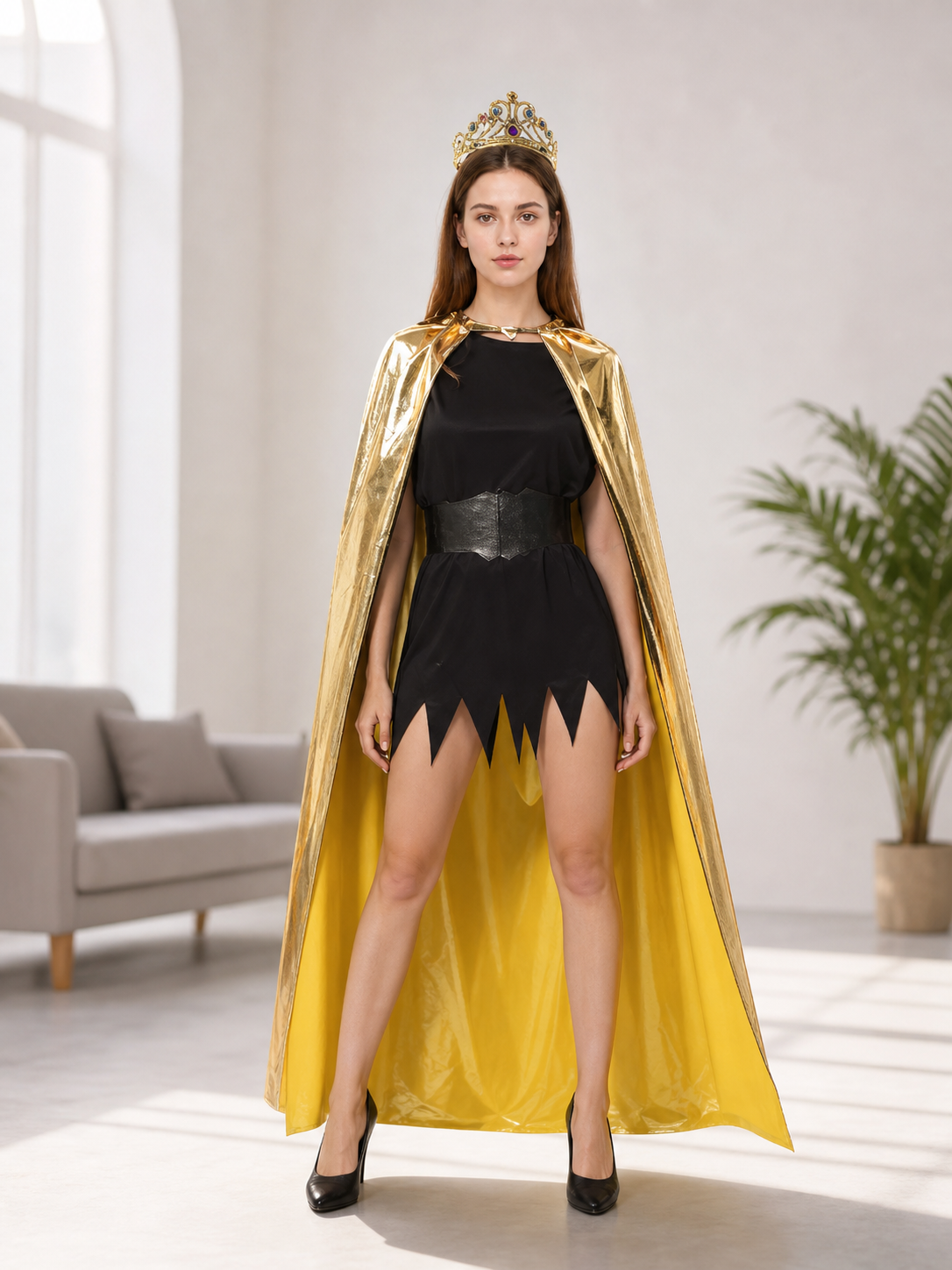 Golden Carnival Cape with Decorative Crown
