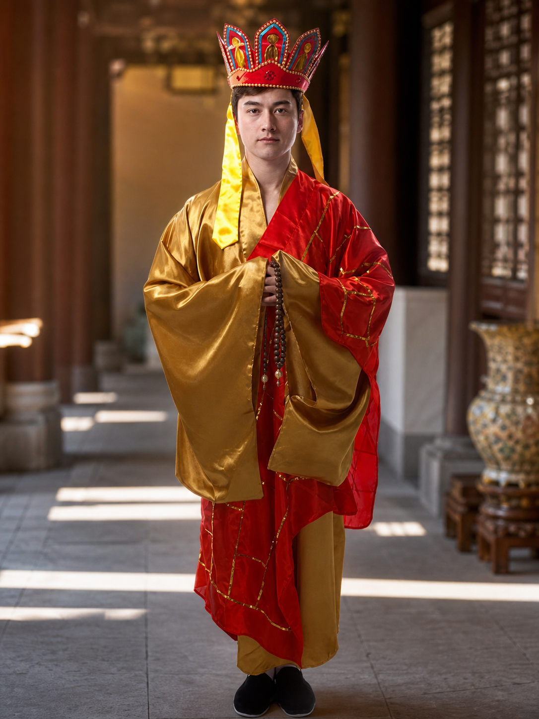 Monastic Costume with Headdress, Prayer Beads, and Staff