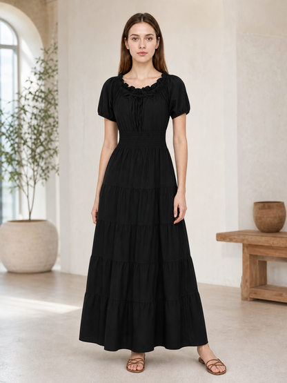 Black Tiered Maxi Dress with Gathering