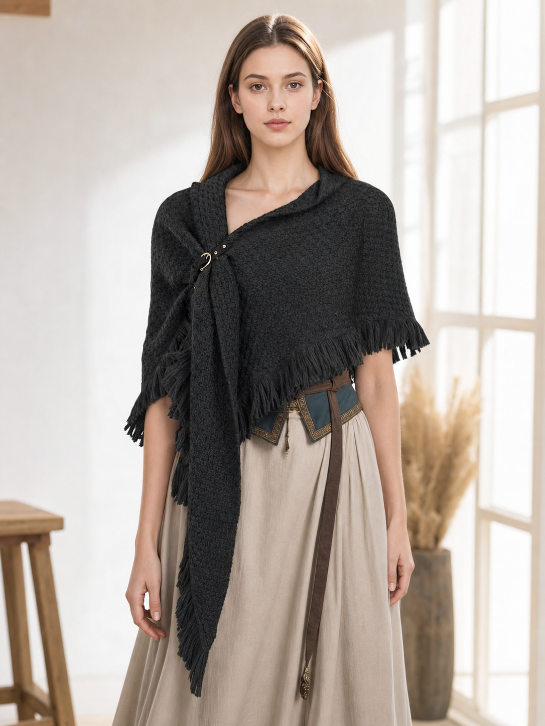 Black triangular wool shawl with fringe