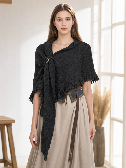 Black triangular wool shawl with fringe