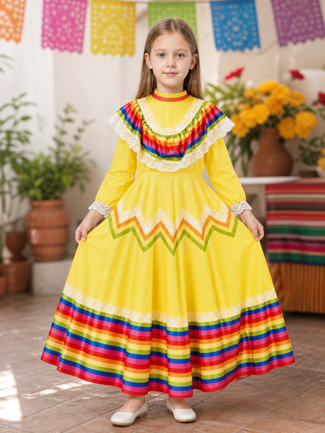 Long Carnival Dress with Lace and Ruffles