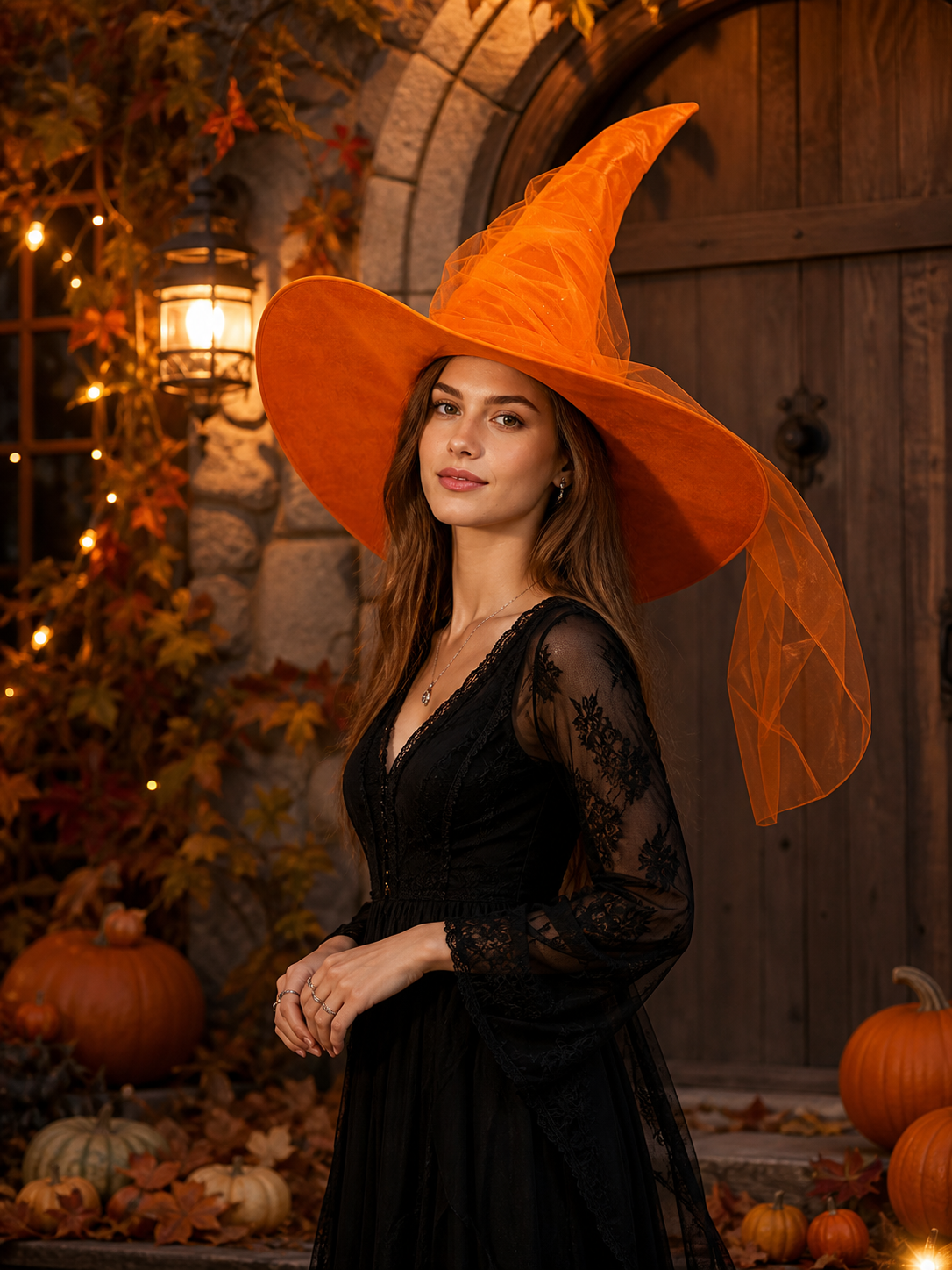 Orange Halloween Witch Hat, Tall Curved Pointed Crown, Wide Floppy Brim, Sheer Mesh Draping, Costume Accessory for Parties