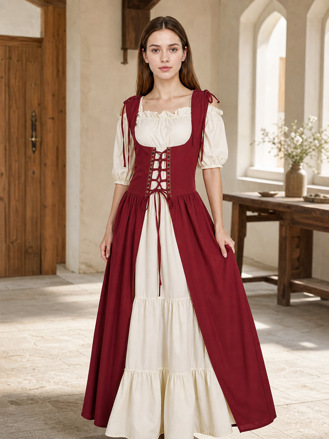 Two-Piece Renaissance-Style Dress, Burgundy