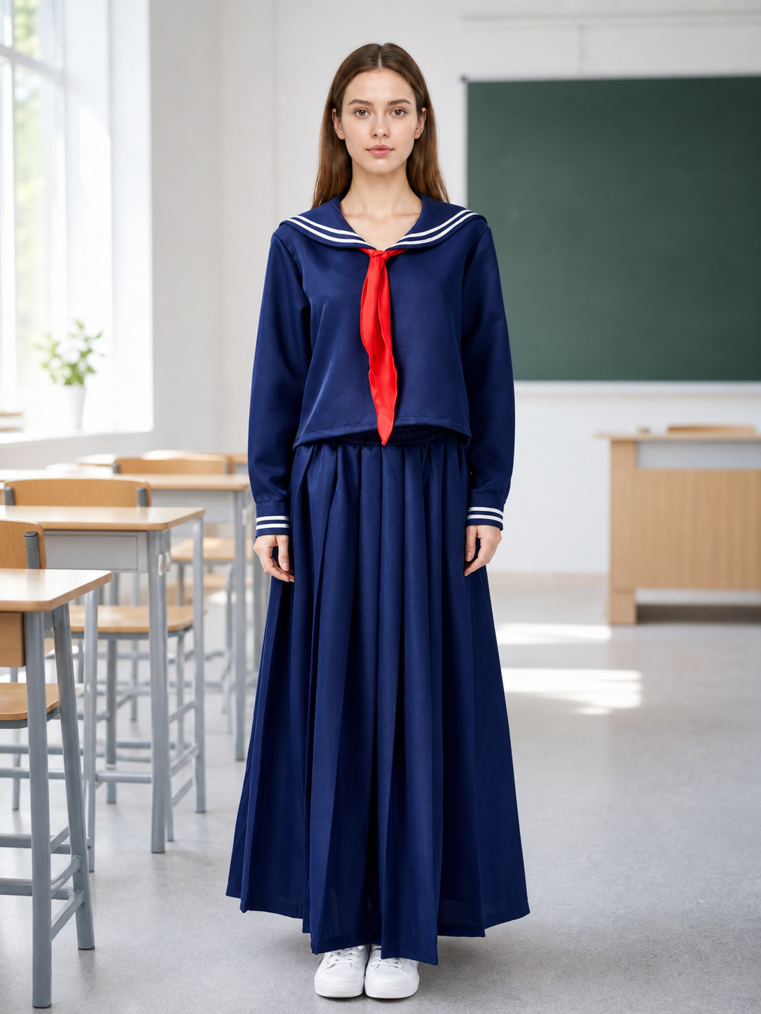 Sailor-style costume with a long pleated skirt