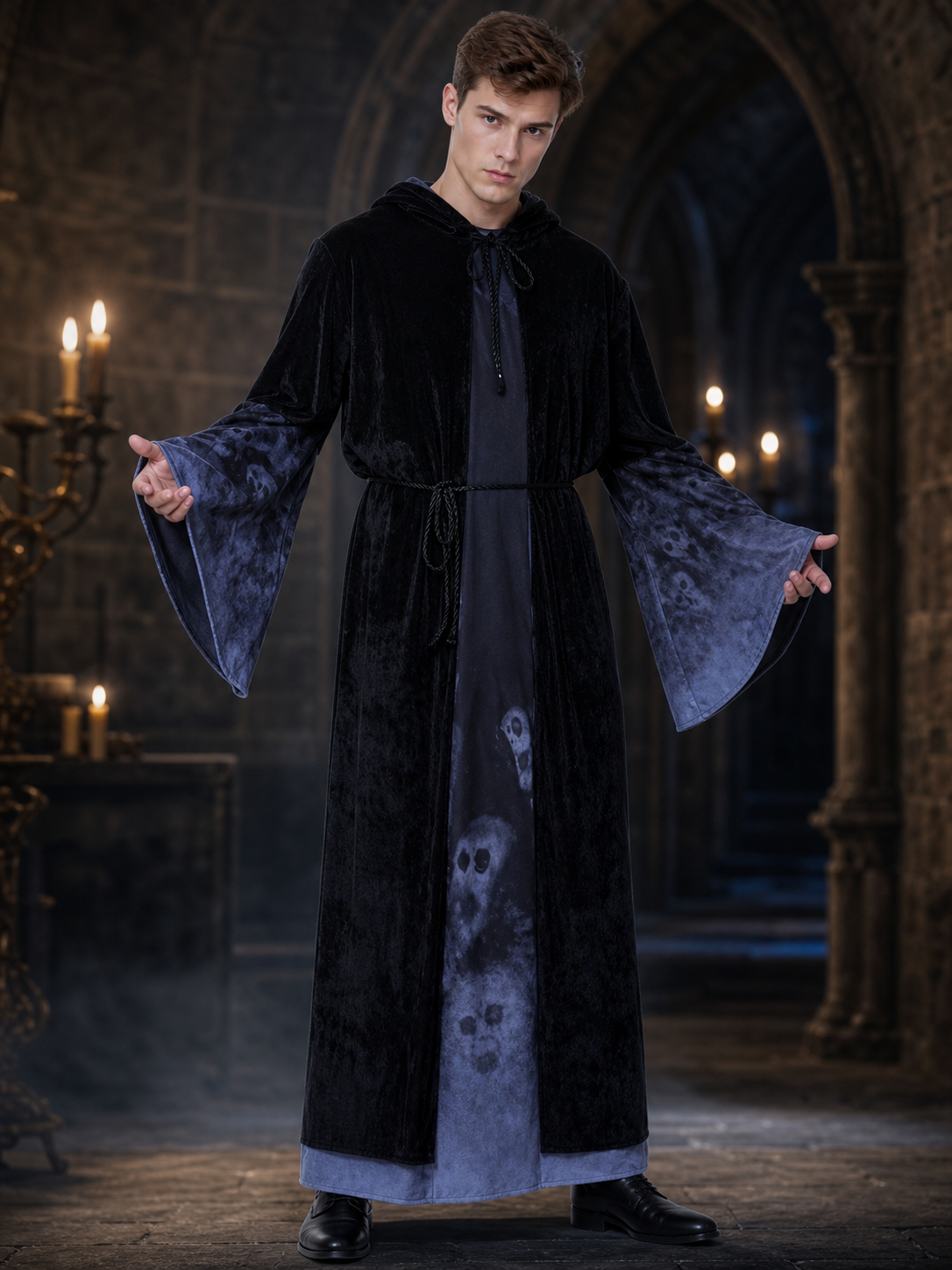 Gothic hooded robe costume with skulls