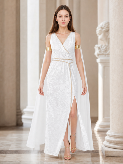 White long Greek-style dress with a high slit