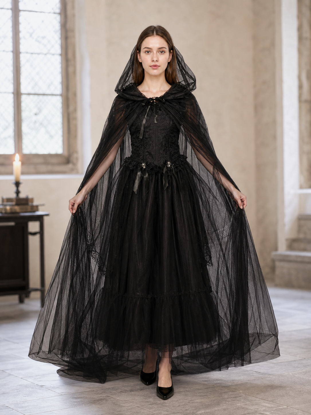 Vampire Costume: Long Hooded Dress with Cape