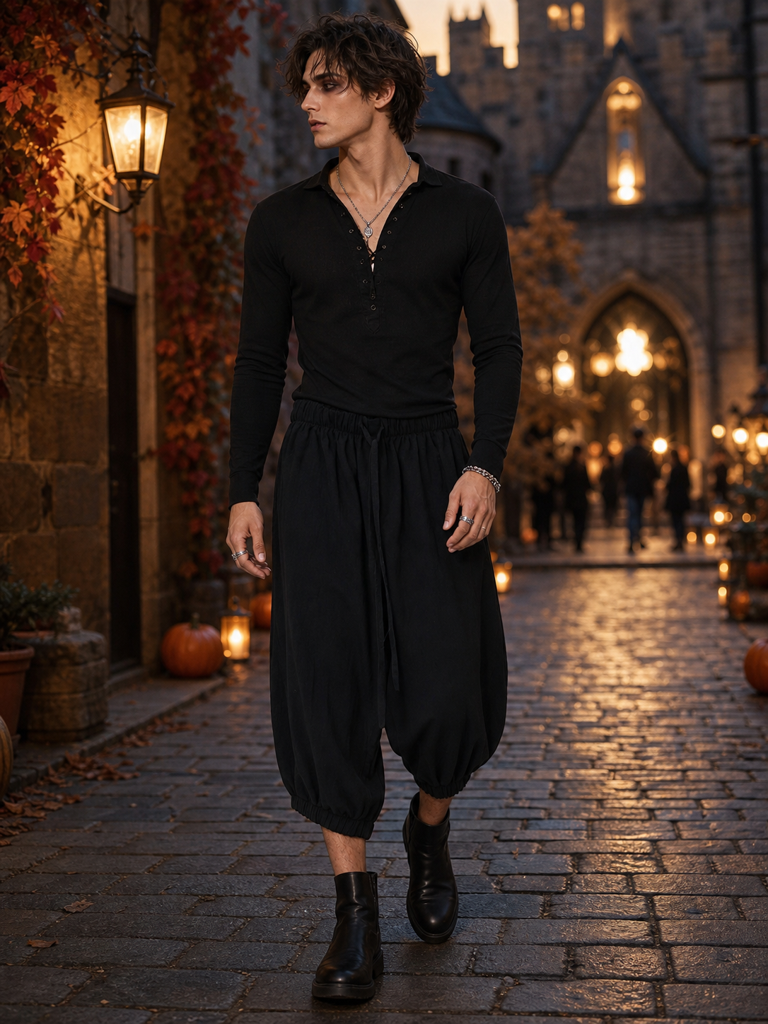 Black Cotton-Linen Cropped Pants, Loose Baggy Relaxed Fit, Elastic Waistband, Cuffed Hem, Casual Everyday Wear
