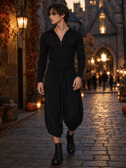 Black Cotton-Linen Cropped Pants, Loose Baggy Relaxed Fit, Elastic Waistband, Cuffed Hem, Casual Everyday Wear