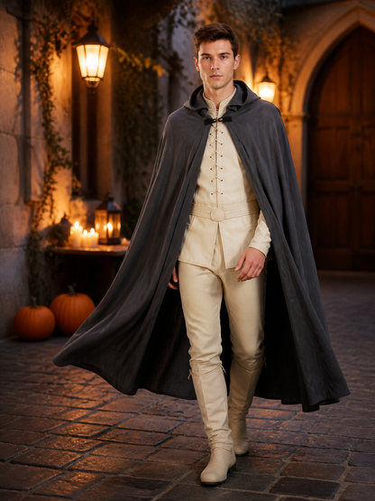 Adult Fantasy Hooded Cape, Long Dark Gray Cloak With Front Tie Closure, Wide lifestyle view