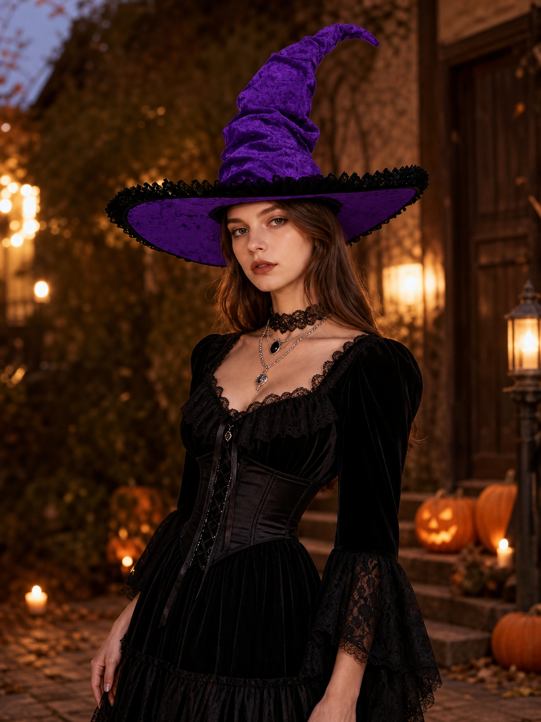 Halloween Witch Hat, Tall Curved Pointed Crown, Wide Irregular Brim, Deep Purple Gothic Style with Black Trim for Cosplay and Themed Parties