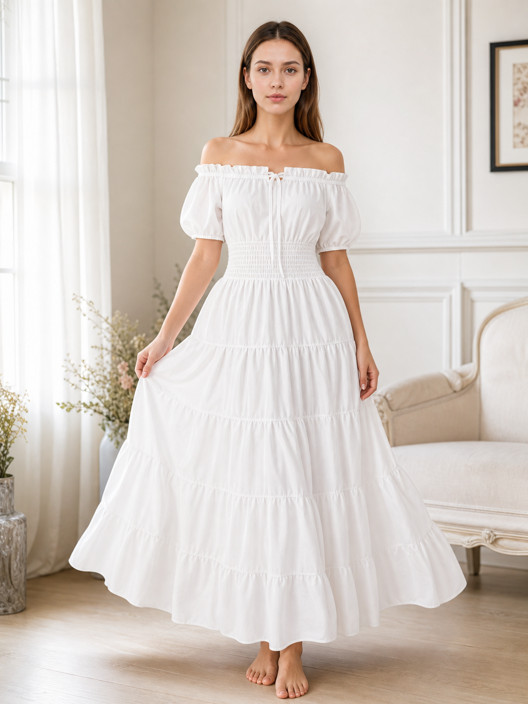 White Off-Shoulder Maxi Dress with Tiered Skirt
