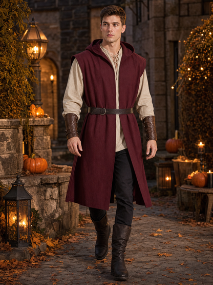 Medieval Fantasy Cosplay Costume Sleeveless Hooded Burgundy Robe Vest, Long Open Front Outer Garment for Role Play Stage Performance