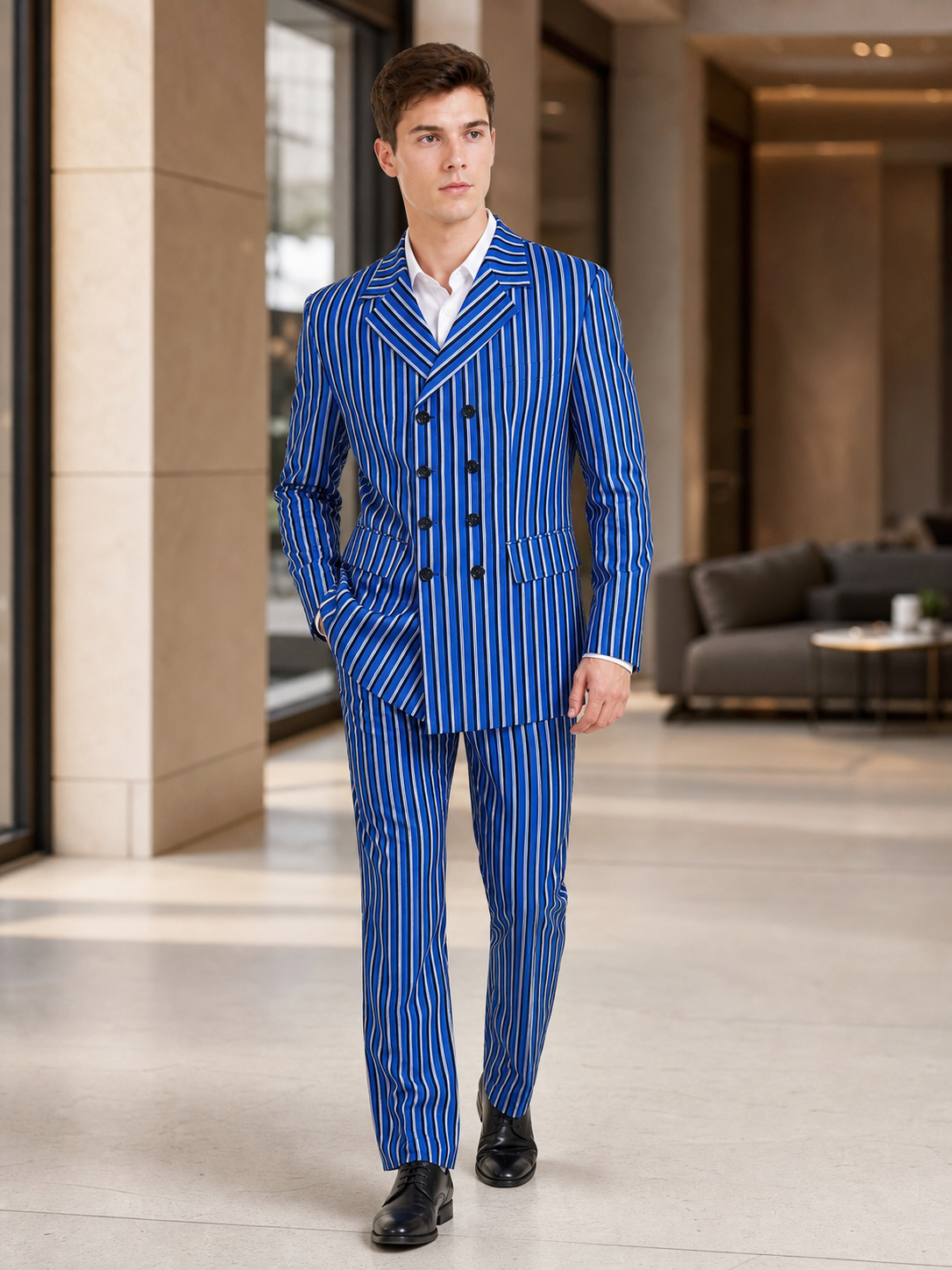 The Doctor Who cosplay double-breasted suit is designed in a white-and-blue color scheme with vertical stripes. The set includes a jacket and pants made in the same design. The jacket features a double-breasted closure, peaked lapels, and f