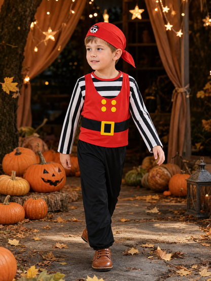 Boy modeling a red pirate costume with striped sleeves and black pants in a Halloween setting with pumpkins and lanterns