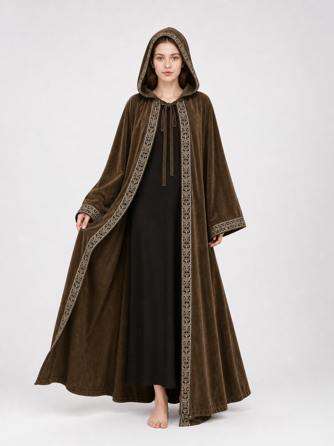 Long Hooded Robe, Brown, Loose Fit lifestyle view